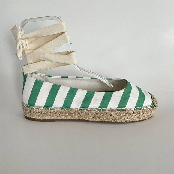 Draper James Platform Women 10M Green White Awning Stripe Tie Ankle Espadrille - Picture 2 of 12